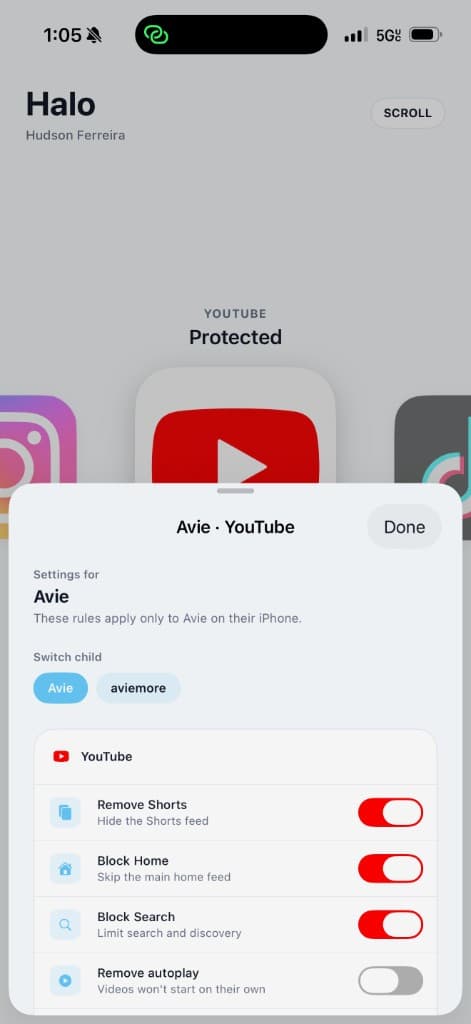 Halo YouTube settings with Remove Shorts and Block Home toggles