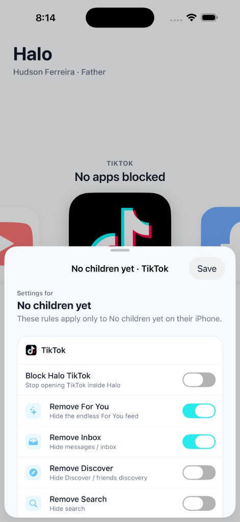 Halo TikTok settings with Remove For You and Remove Inbox toggles